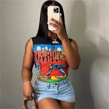 In Woman 2024 женская летняя модная женская футболка без рукавов с круглым вырезом и принтом L чёрный