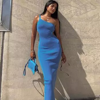 In Woman Осеннее ажурное длинное платье с открытой спиной и разрезом S синий