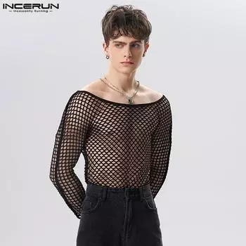 INACERUN мужские сетчатые рубашки с длинными рукавами, летние клубные топы