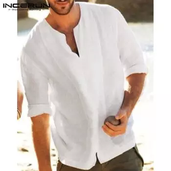 INCERUN 100% хлопок, черные/белые мужские летние рубашки с рукавами 3/4, сексуальные футболки с v-образным вырезом