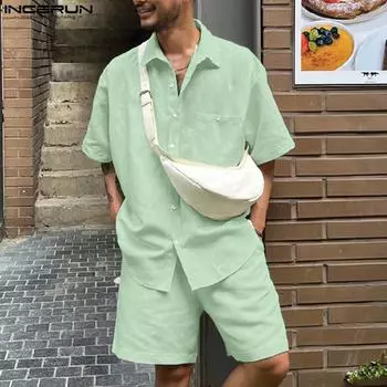 INCERUN 100% хлопок, комплекты из 2 предметов, мужские рубашки с короткими рукавами, свободные шорты, повседневные модные костюмы
