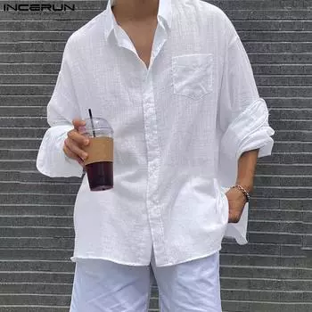 INCERUN 100% хлопок мужские однотонные рубашки на пуговицах с длинными рукавами свободные топы
