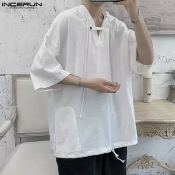 INCERUN 100% хлопок мужские повседневные свободные топы с капюшоном и короткими рукавами