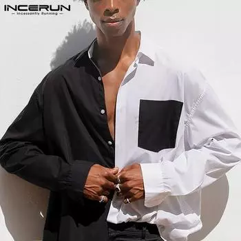 INCERUN 100% полиэстеровая рубашка для мужчин, рубашки с длинными рукавами, большие размеры, топы с пуговицами в стиле пэчворк S чёрный