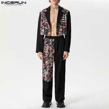 INCERUN 2 шт. костюмы мужские с длинным рукавом кружево крючком с цветочным принтом пиджак пальто и длинные брюки S чёрный