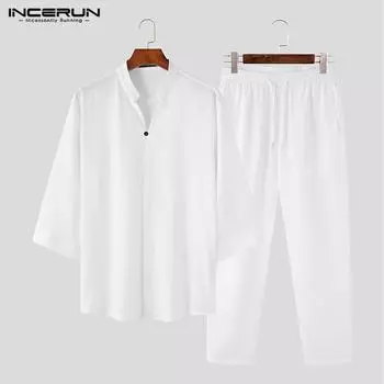 INCERUN 2 шт. костюмы мужские топы и длинные брюки на шнурке одежда для дома S чёрный