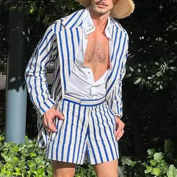 INCERUN 2 шт., мужские комплекты из полосатого пиджака и шорт с длинными рукавами