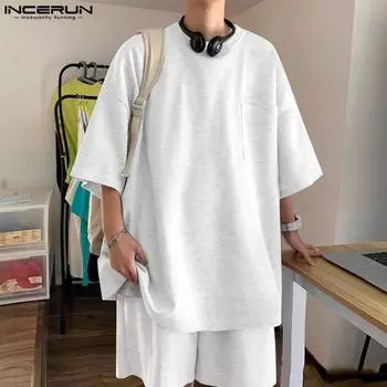 INCERUN 2 шт., мужские летние повседневные футболки с короткими рукавами и свободные шорты, спортивные комплекты S чёрный