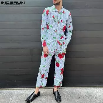 INCERUN 2 шт., мужские рубашки в полоску с длинными рукавами, комплекты брюк с цветочным принтом, наряды