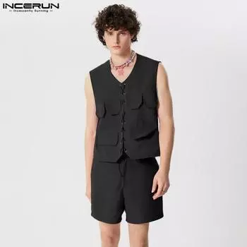 INCERUN 2 шт., мужские жилеты с v-образным вырезом, майки, шорты, праздничные повседневные брюки, комплекты одежды