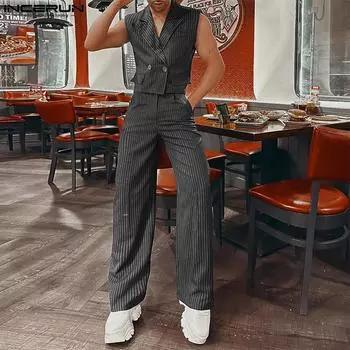 INCERUN 2 шт., мужской полосатый пиджак без рукавов, жилет и длинные брюки, комплекты