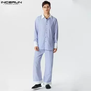INCERUN 2 шт. рубашки в полоску с длинными рукавами, длинные брюки, повседневные костюмы