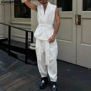 INCERUN 2PC Men Sleeveless Bandage Tank Tops and Long Casual Pants Two Pieces Sets S чёрный