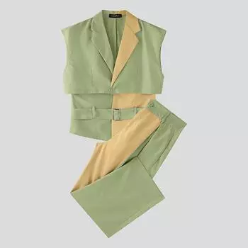 INCERUN 2PC Men Sleeveless Layers Corset Tank Tops and Long Casual Pants Sets S