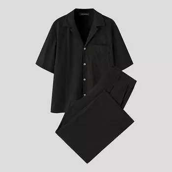 INCERUN 2PCS Men Lapel Neck Corduroy Short Sleeve Shirt Long Straight Pants Sets Outfits S