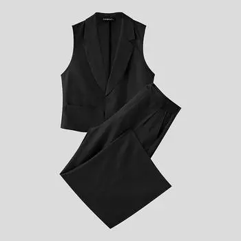 INCERUN 2PCS Men Sleeveless Slim Waistcoat and Long Straight Pants Sets чёрный
