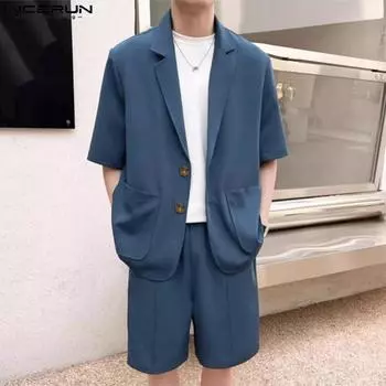 INCERUN элегантный мужской пиджак с короткими рукавами и шорты из 2 предметов, летние брюки, комплекты M чёрный