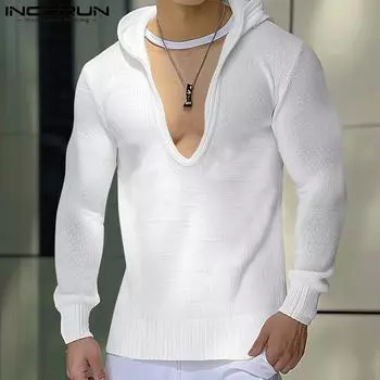 INCERUN Autumn Men V Neck Long Sleeve Hooded Pullovers Casual Knitted Hoodies Tops S чёрный