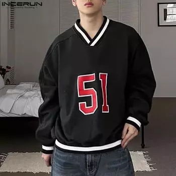 INCERUN Autumn Men V Neck Long Sleeve Print Loose Pullovers Tops S чёрный