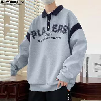 INCERUN Осень-Весна Мужские толстовки с лацканами и буквенным принтом, сшитые пуловеры S светло-синий