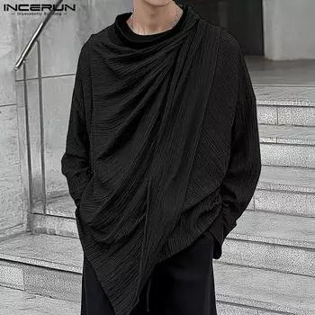 INCERUN Autumn Spring Men Long Sleeve Gothic Ruffled Irregular Oversized Tops 2XL чёрный