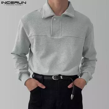 INCERUN Осень-весна Мужские свитера с длинным рукавом на молнии с отворотом и воротом S чёрный