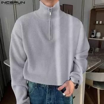 INCERUN осень зима мужские водолазки с застежкой-молнией и длинным рукавом вязаные свитера пуловеры 4XL коричневый