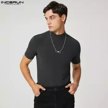 INCERUN Базовые мужские однотонные топы с высоким воротником и облегающим кроем 2XL чёрный
