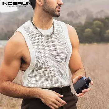 INCERUN белые модные рубашки мужские летние топы без рукавов с круглым вырезом ажурная одежда для отдыха трикотажные рубашки S-5XL XL белый