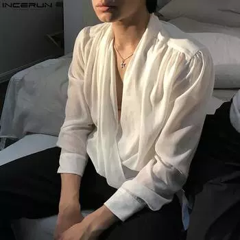 INCERUN Белые мужские элегантные топы с длинными рукавами 3XL белый