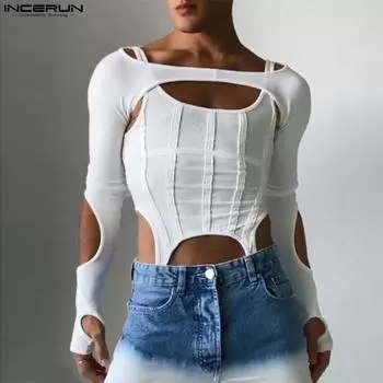 INCERUN Белые весенние мужские узкие топы неправильной формы с вырезами