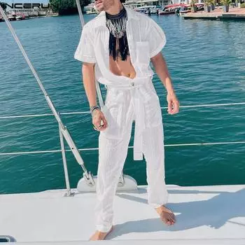 INCERUN Белый мужской стильный полосатый комбинезон с короткими рукавами