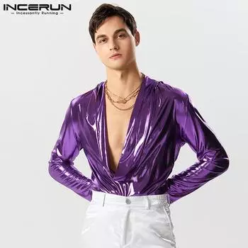 INCERUN Блестящая мужская клубная одежда с длинными рукавами, тонкие топы, боди