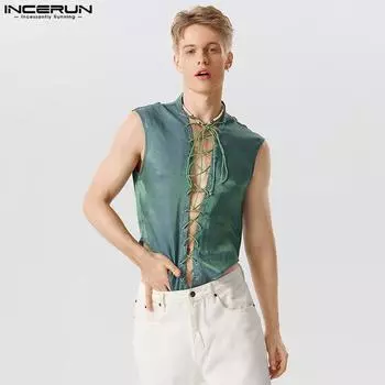 INCERUN Блестящие летние мужские топы без рукавов на бретелях