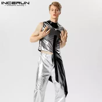 INCERUN Блестящие мужские облегающие топы без рукавов нестандартной формы