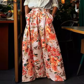 INCERUN Богемия Мужские брюки с высокой талией на молнии с цветочным принтом Винтажные брюки Широкие брюки M оранжевый