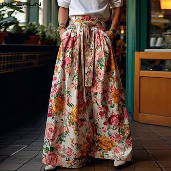 INCERUN богемные мужские летние брюки с цветочным принтом, пляжные праздничные широкие брюки S розовый