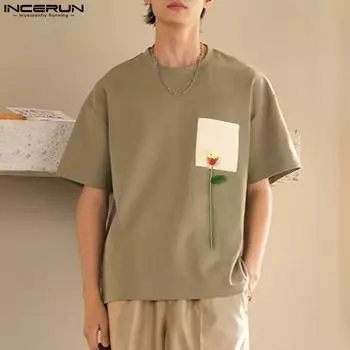 INCERUN Большие летние мужские футболки с круглым вырезом и коротким рукавом, вязанные крючком, повседневные футболки, топы S хаки