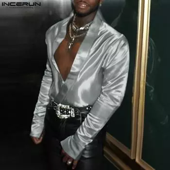 INCERUN Большие мужские атласные топы с длинным рукавом и блестками, повседневные рубашки с открытым передом и перекрестными бретелями L чёрный