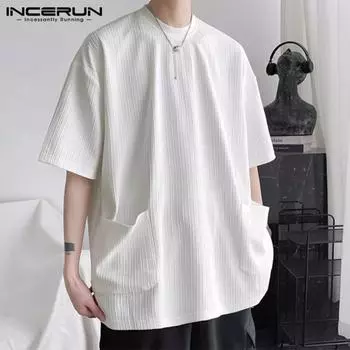 INCERUN Большие мужские летние футболки с круглым вырезом и короткими рукавами и карманами S зелёный