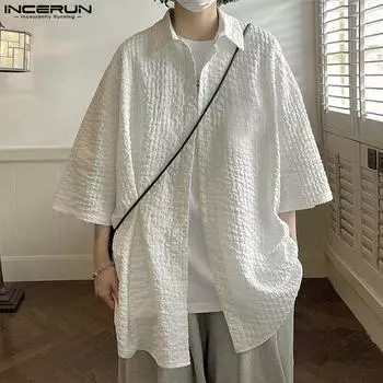 INCERUN Большие мужские повседневные рубашки с коротким рукавом на пуговицах S чёрный