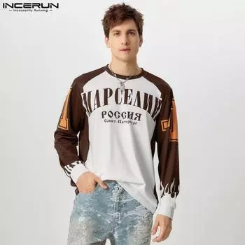 INCERUN Большие мужские повседневные топы с длинным рукавом и принтом в виде букв в стиле пэчворк, футболки 4XL чёрный