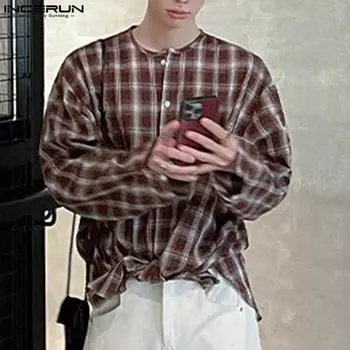 INCERUN Большие мужские рубашки с круглым вырезом и длинным рукавом в клетку, повседневные рубашки на пуговицах S хаки