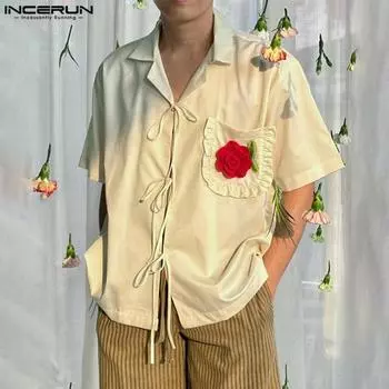INCERUN Большие мужские рубашки с отложным воротником и коротким рукавом на шнуровке с цветочным принтом S чёрный