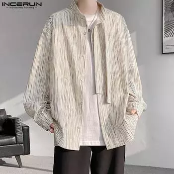 INCERUN Большие мужские рубашки в полоску с длинным рукавом и воротником-стойкой, повседневные топы на осень S красный