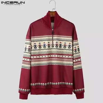 INCERUN Большие мужские свободные пуловеры с застежкой-молнией и воротником-стойкой, с длинным рукавом и принтом S темно-серого