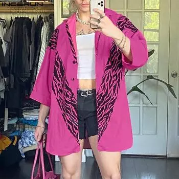 INCERUN Большие мужские свободные туники с коротким рукавом и принтом, длинные топы, футболки S розовый