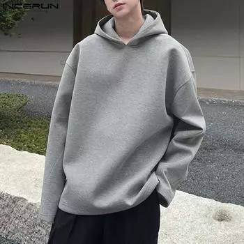 INCERUN Большие мужские толстовки с капюшоном и длинным рукавом с воротником-стойкой, осенние пуловеры, свитшоты 4XL чёрный