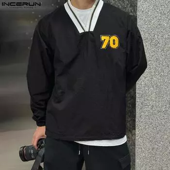 INCERUN Большие мужские V-образный вырез с вышивкой и буквенным принтом, однотонные свободные повседневные топы, футболки 3XL чёрный