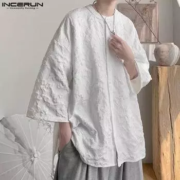 INCERUN Большие размеры мужские рубашки с коротким рукавом на пуговицах с цветочным принтом винтажные вязаные крючком топы S чёрный